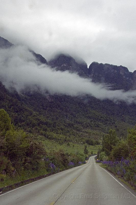 20071218 090807 D2X 2800x4200.jpg - Along the Carretera Austral Roadway from Puerto Chicabuco to Coyhaique a distance of abut 40 miles, the mist hangs low as dozens of rivers and waterfalls wend their way through the rocky formations to the Rio Simpson